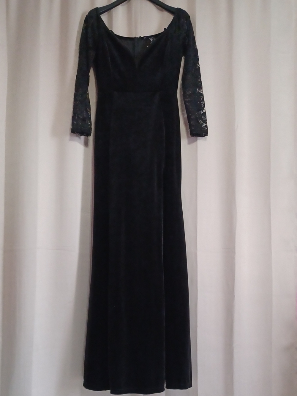 Windsor New Black Velvet Maxi Dress Lace Long Sleeve Thigh-High Slit Sz XL Gown